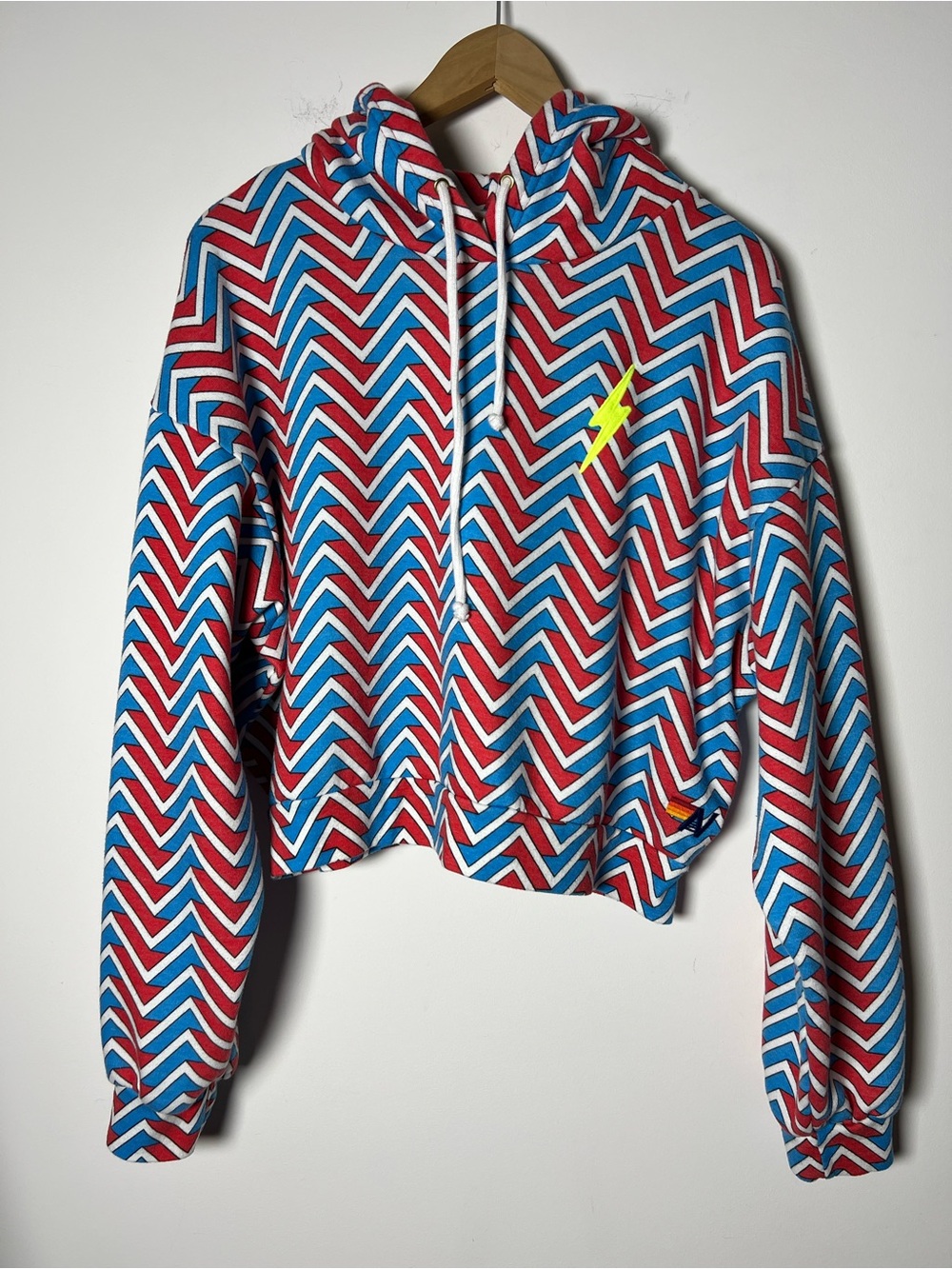 Aviator Nation Geo Zig Bolt Embroidery Relaxed Crop Pullover Hoodie Red Blue L - Picture 3 of 13